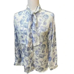 Mother of Pearl London White Blue hint of Lavender Floral Mock Tie Neck
